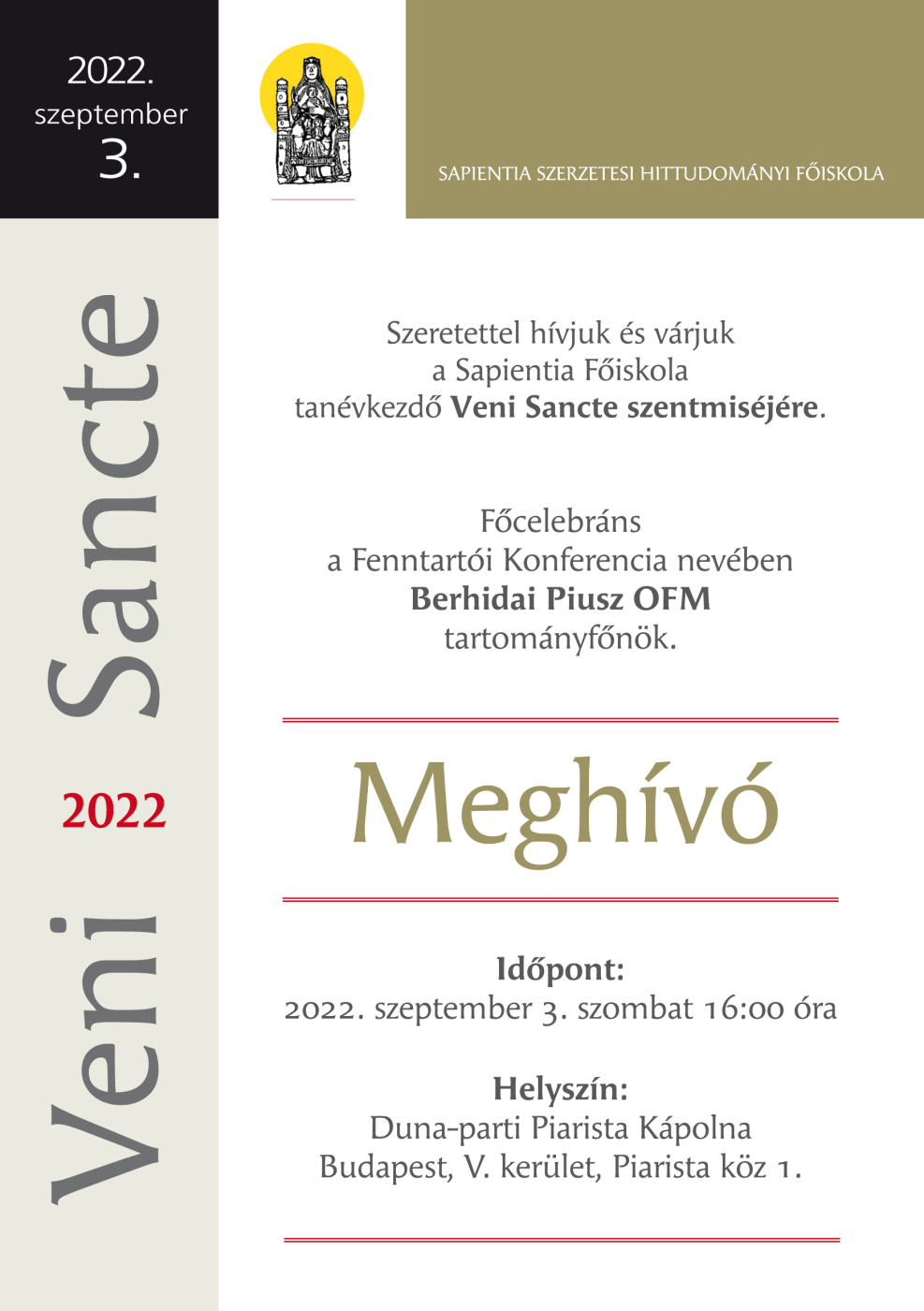 Meghívó: tanévnyitó Veni Sancte 2022.