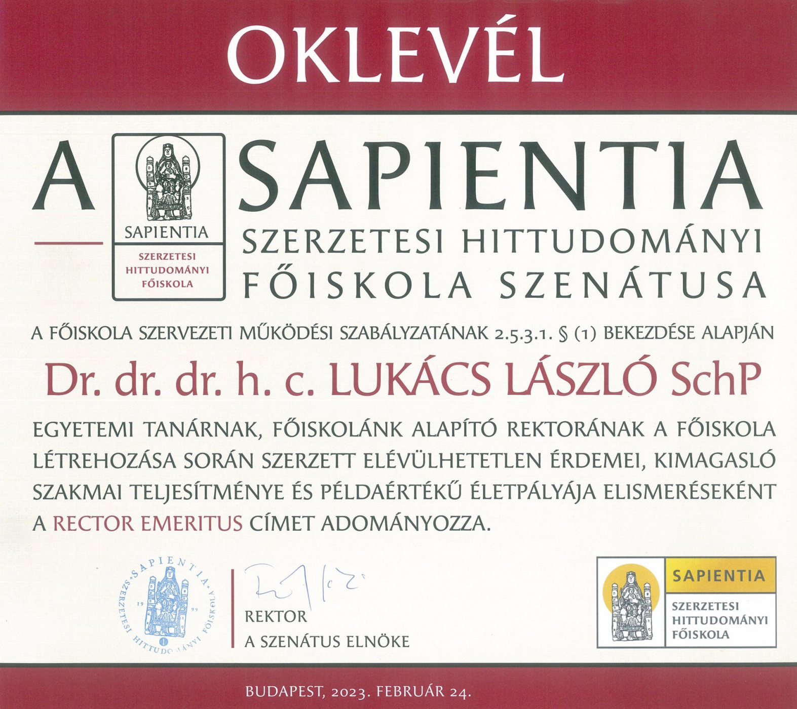 Lukács László Rector Emeritus